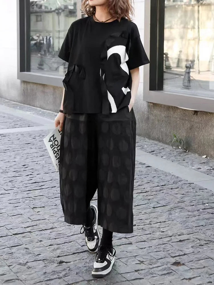 Women Black Ribbon Color-block Big Size Casual T-shirt New Round Neck Short Sleeve Fashion Tide Spring Summer 2025 1DJ0423