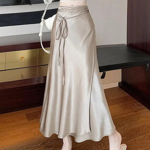 Load image into Gallery viewer, French Fashion Solid High Waist Lace-up Long Skirts 2025 Spring Summer Women Vacation Pleated Fishtail Skirt Simplicity Popular
