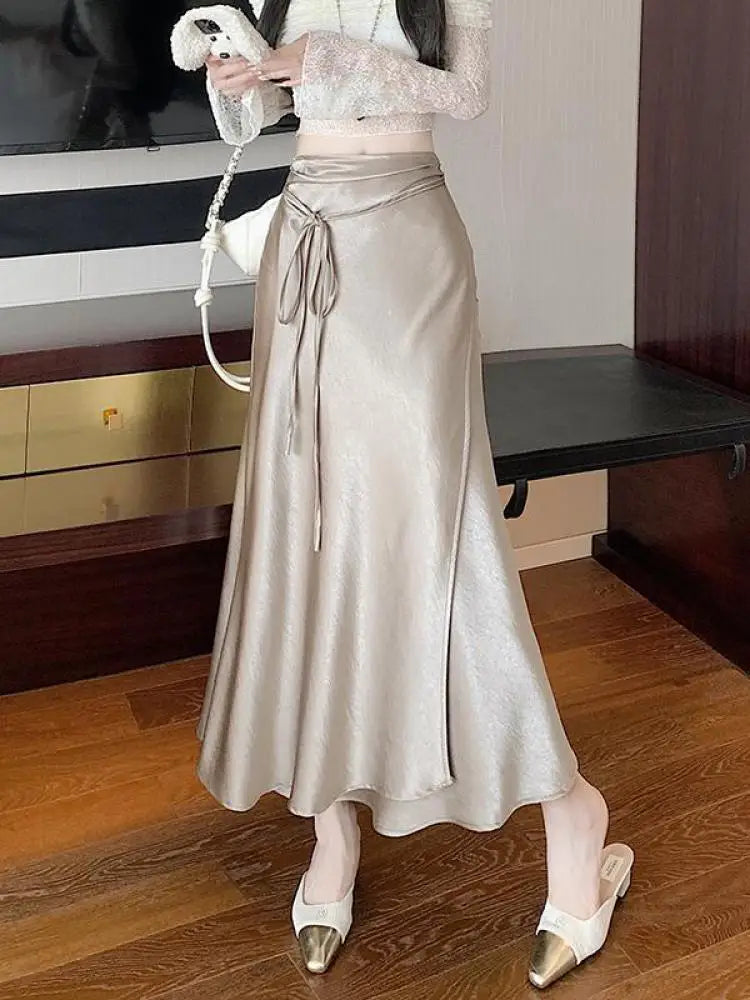 French Fashion Solid High Waist Lace-up Long Skirts 2025 Spring Summer Women Vacation Pleated Fishtail Skirt Simplicity Popular