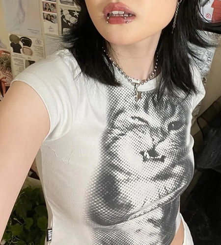 y2k Crop Top 2000s Women Summer Cat Print Round Neck Short Sleeve T Shirt Graphic Baby Tee Kawaii Clothes Streetwear
