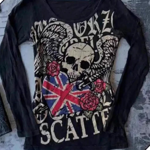 Load image into Gallery viewer, Gothic Punk Letter Skull Print Y2k Tops Slim Harajuku Vintage Aesthetic Tee Shirts Streetwear Slim Long Sleeve Women's T-Shirts
