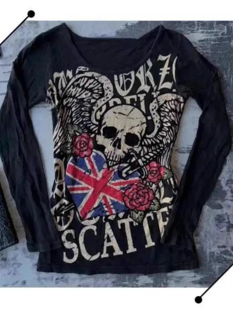 Gothic Punk Letter Skull Print Y2k Tops Slim Harajuku Vintage Aesthetic Tee Shirts Streetwear Slim Long Sleeve Women's T-Shirts