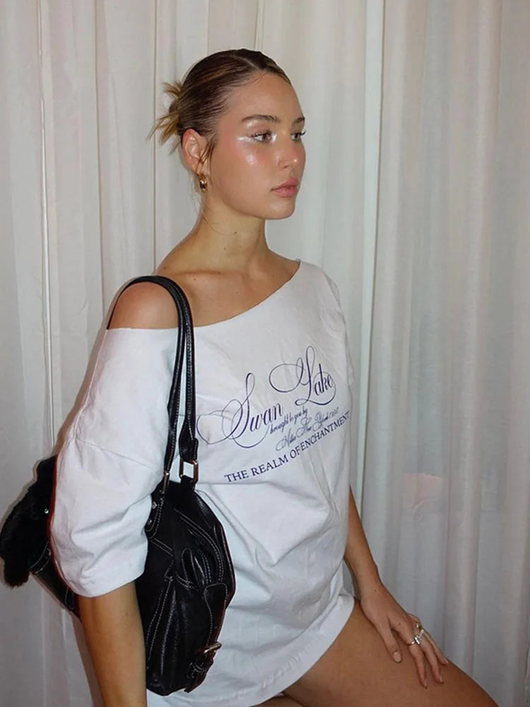 Casual Relax Woman T-shirt Letter 2025 Women Hot New Versatile Street Atmosphere Style Fashionable Chick Summertime Tops