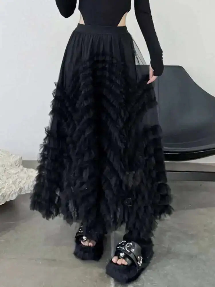 High Elastic Waist Black Layers Mesh Shaped Elegant Half-body Skirt Women Fashion Tide New Spring Autumn 2025 1DH4808