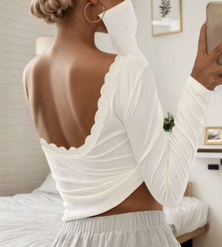 y2k Tops for Women Aesthetic Clothing Solid Color Lace Trim Round Neck Long Sleeve Crop T Shirts Fashion Streetwear