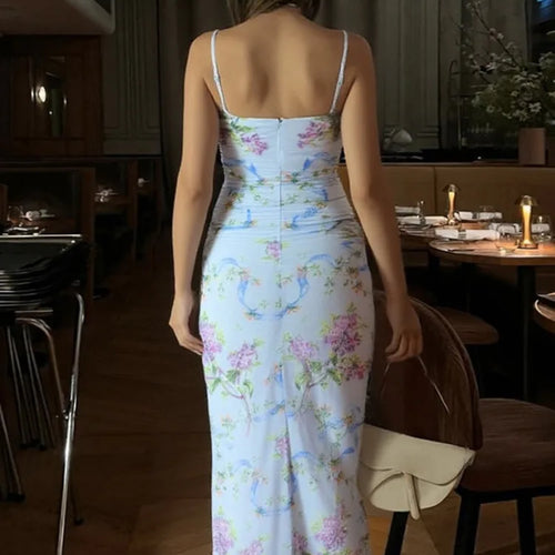 Load image into Gallery viewer, Sleeveless Print Spaghetti Strap Slash Neck Sexy Backless Thigh Split Maxi Dress Women Pleated Vacation Dress Summer
