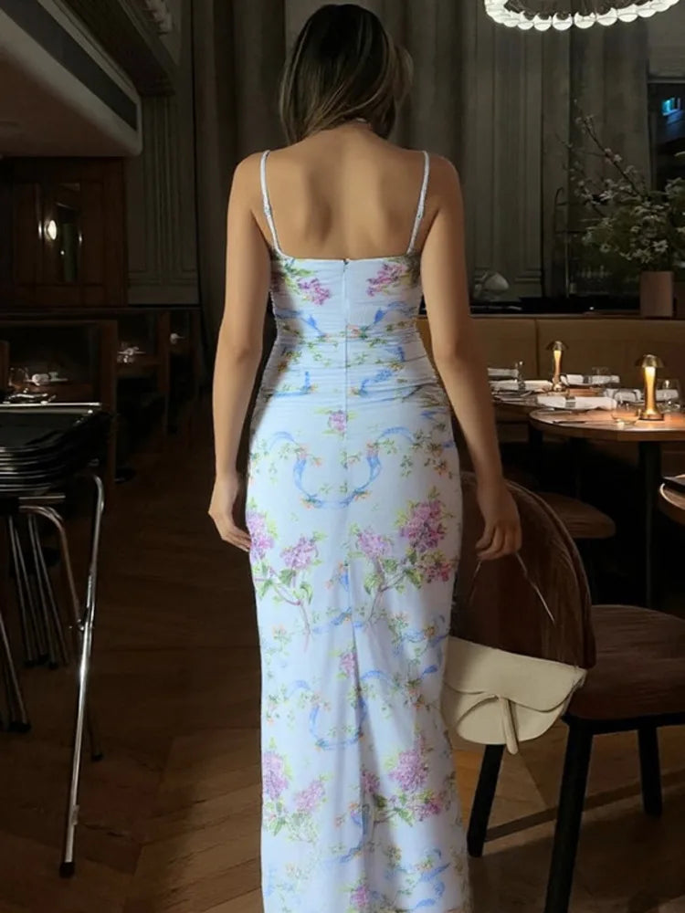 Sleeveless Print Spaghetti Strap Slash Neck Sexy Backless Thigh Split Maxi Dress Women Pleated Vacation Dress Summer