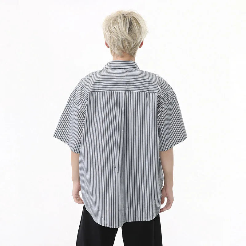 Men's Shirts Short Sleeve Design Korean Personalized Pattern Striped Turn-down Collar Stylish Male Loose Shirt 9W1594