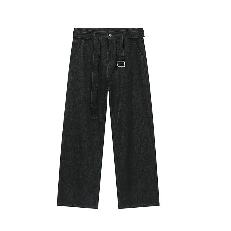 Trendy Men's Wide Leg Denim Pants Detachable Belt 2024 Solid Color Male Straight Trousers Simple Jeans Autumn 9C5289