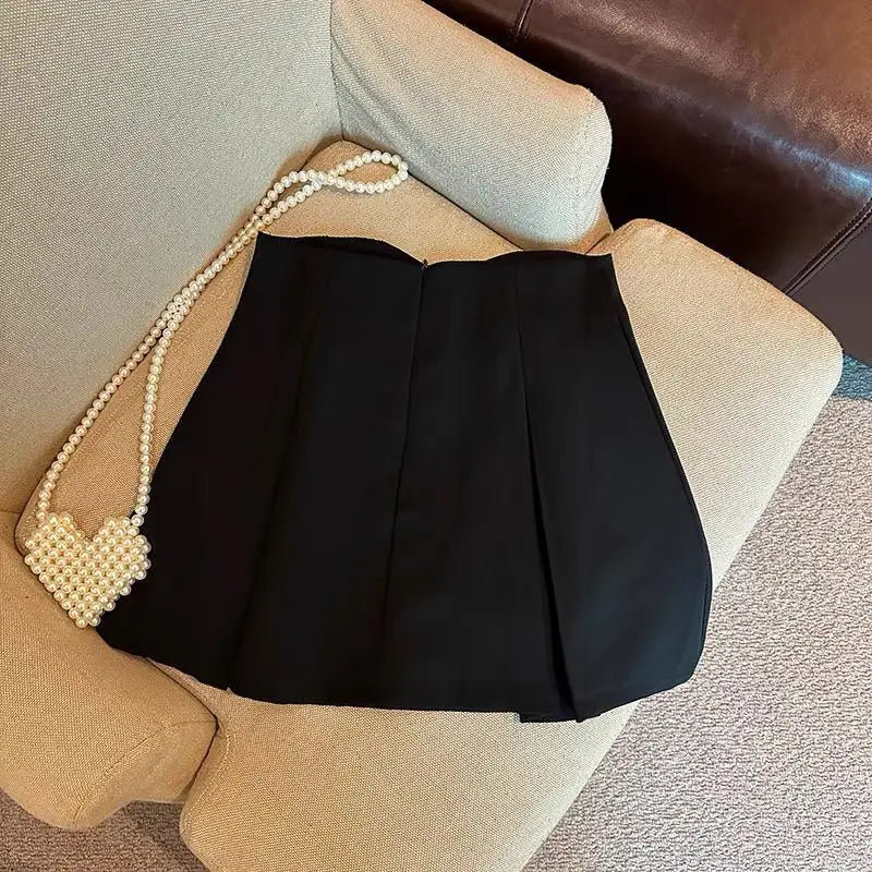 White Chinese Style Button Up Mini Skirts Women Black High Waisted Pleated A-line Wrapped Hip Short Skirt Chic Korean 2024 Retro