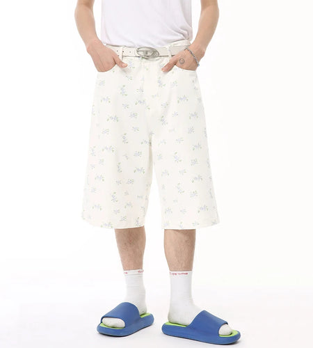 Niche Style Men's Casual Shorts Floral Printing Bottom Straight Knee-length Wide Leg Male Trousers Summer 9C6581