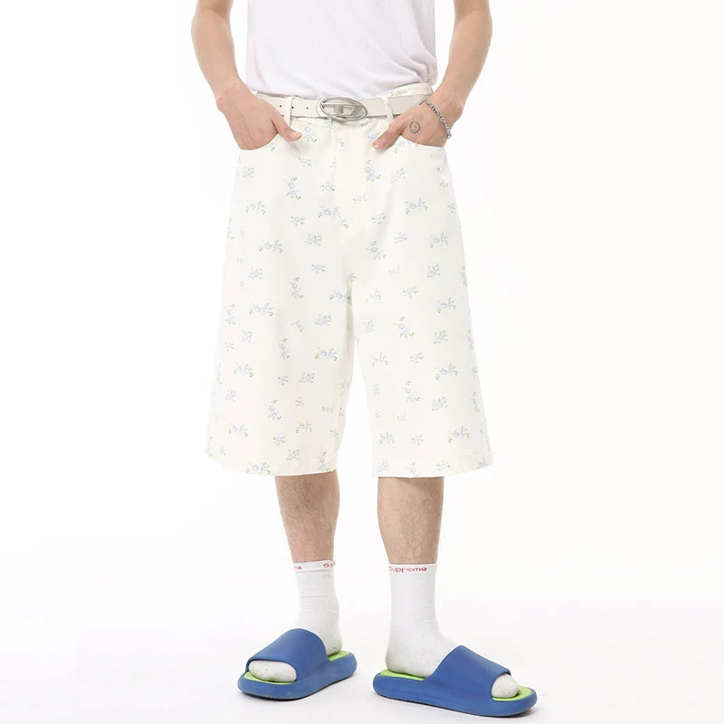 Niche Style Men's Casual Shorts Floral Printing Bottom Straight Knee-length Wide Leg Male Trousers Summer 9C6581