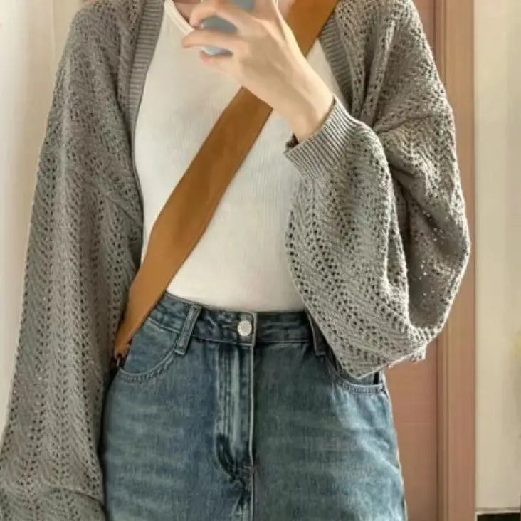Sun Protection Y2k Aesthetic Solid Women Cardigan Hollow Out Loose Streetwear Knitted Harajuku Casual Vintage Grunge Crop Tops