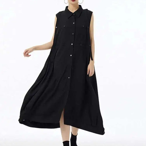 Load image into Gallery viewer, Women Army Green Button Big Size Midi Casual Shirt Dress New Lapel Sleeveless Fashion Tide Spring Summer 2025  1DH6614
