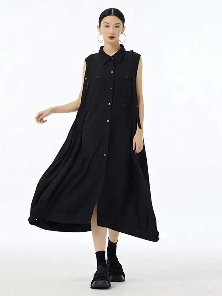 Women Army Green Button Big Size Midi Casual Shirt Dress New Lapel Sleeveless Fashion Tide Spring Summer 2025  1DH6614