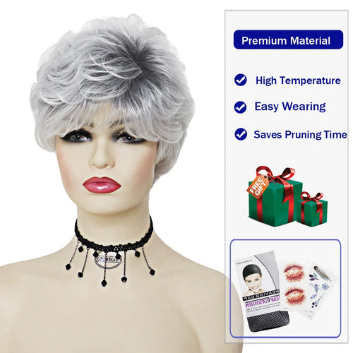 Load image into Gallery viewer, Synthetic Short Wig Ombre Silver Grey Wigs for Women Natural Hair with Bangs Old Lady Wig Hairstyle Mommy Wig Cap Gift
