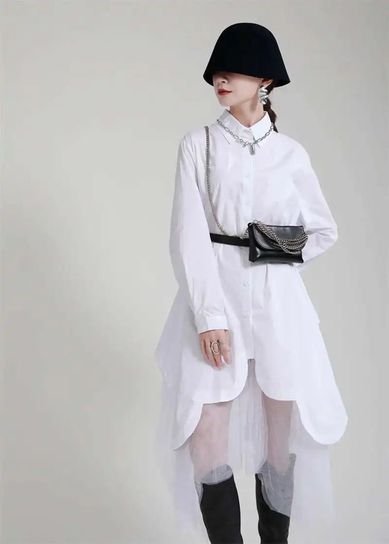 Women Black Irregular Hem Big Size Shirt Dress New Lapel Long Sleeve Loose Fit Fashion Tide Spring Autumn 2025 1DE2485