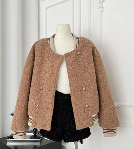 French Vintage Women's Brown Patchwork Elegant Holiday Short Woolen Coat Autumn And Winter Double-breasted Cotton Jacket Popular