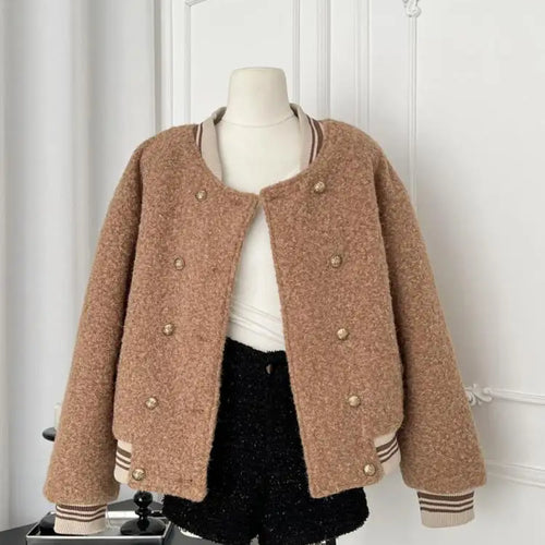 Load image into Gallery viewer, French Vintage Women&#39;s Brown Patchwork Elegant Holiday Short Woolen Coat Autumn And Winter Double-breasted Cotton Jacket Popular
