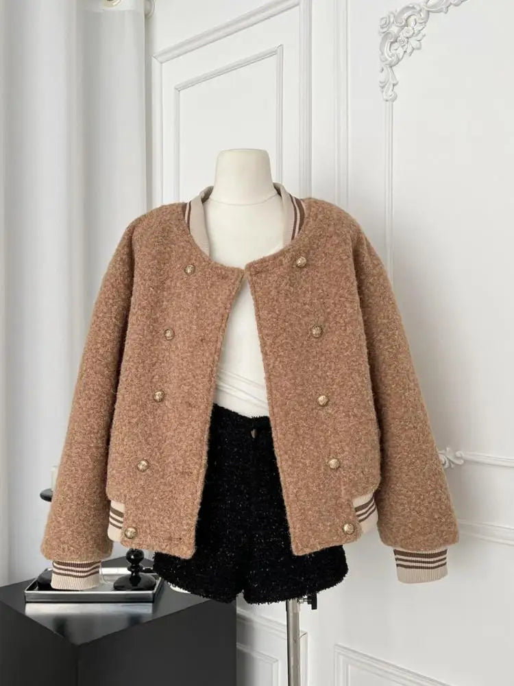 French Vintage Women's Brown Patchwork Elegant Holiday Short Woolen Coat Autumn And Winter Double-breasted Cotton Jacket Popular