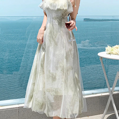 Load image into Gallery viewer, Beach Style Strapless Green Floral Dress Summer Sleeveless Slash Neck Chiffon Women&#39;s Dresses Vacation Elegant Dresses
