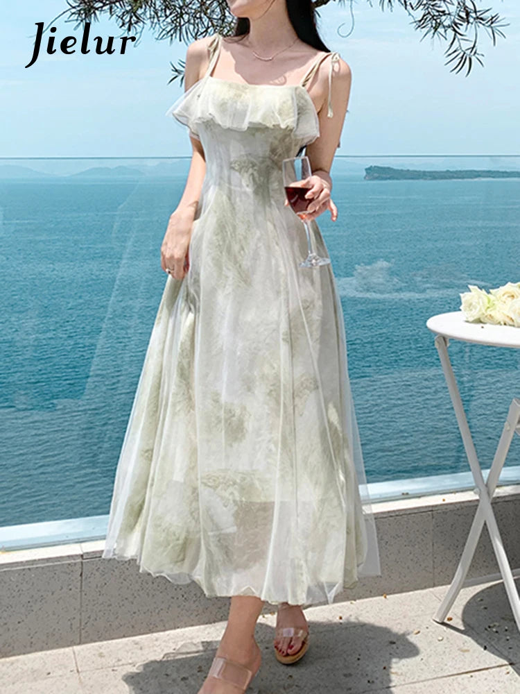 Beach Style Strapless Green Floral Dress Summer Sleeveless Slash Neck Chiffon Women's Dresses Vacation Elegant Dresses