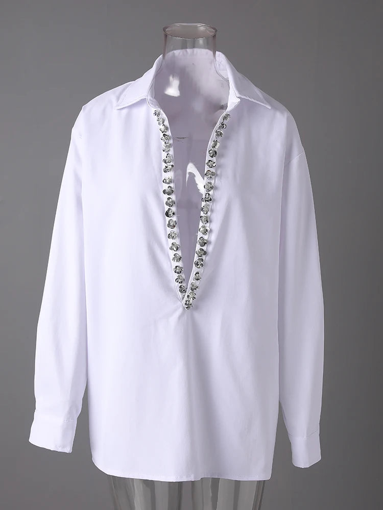 Women Black Rhinestones Big Size Elegant Blouse New V-neck Long Sleeve Shirt Fashion Tide Spring Autumn 2025 CPG3073