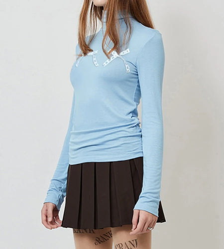 Cutecore Korean Basic Turtleneck Tee Women Bow Patched Coquette Clothes Autumn Tshirt Slim Casual Top Kawaii Pullover
