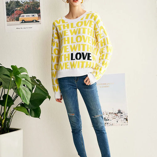 Load image into Gallery viewer, Thick Women Yellow Love Letter Jacquard Sweaters and Pullovers High Quality Knitted O-Neck Autumn Winter Sweet Top  C-028
