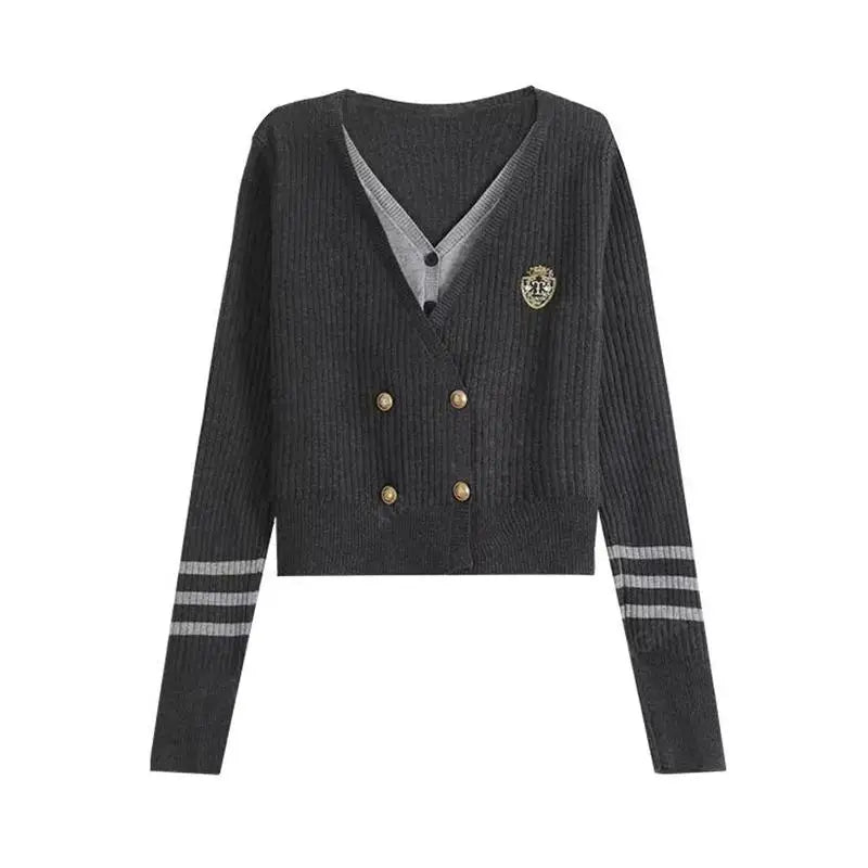 French Fashion 2024 New Patchwork Elegant Long Sleeved Sweater Autumn Winter Women's V Neck Double Breasted Cardigan Knitted Top
