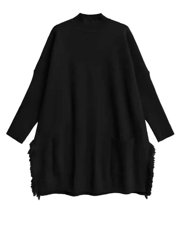 Blue Big Size Slit Burr Knitting Sweater Turtleneck Long Sleeve Women Pullovers New Fashion Spring Autumn 2025 1DH8060