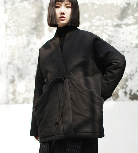Women Bandage Cotton-padded Coat Big Size Warm New Autumn Winter V-collar Long Sleeve Black Loose Brief Fashion 2025 JK133