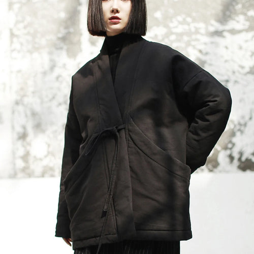 Load image into Gallery viewer, Women Bandage Cotton-padded Coat Big Size Warm New Autumn Winter V-collar Long Sleeve Black Loose Brief Fashion 2025 JK133
