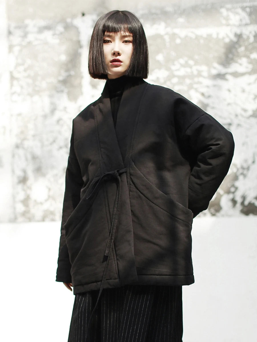 Women Bandage Cotton-padded Coat Big Size Warm New Autumn Winter V-collar Long Sleeve Black Loose Brief Fashion 2025 JK133