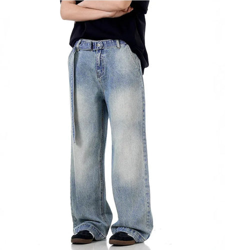 Men's Jeans New American Style Waistband Solid Color Design Denim Pants Loose Straight Leg Pants Trendy Spring 2025 9W1378