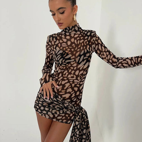 Load image into Gallery viewer, Mesh Leopard Print Sexy Mini Dress For Women Robe Fashion Turtleneck Draped Ruched High Waist Club Dress Vestido
