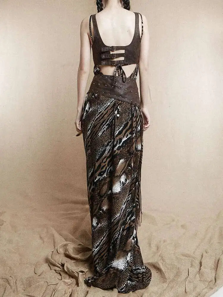 Women Coffee Leopard Printed Long Spaghetti Strap Dress New Square Collar Sleeveless Fashion Spring Autumn 2025 1DH8446