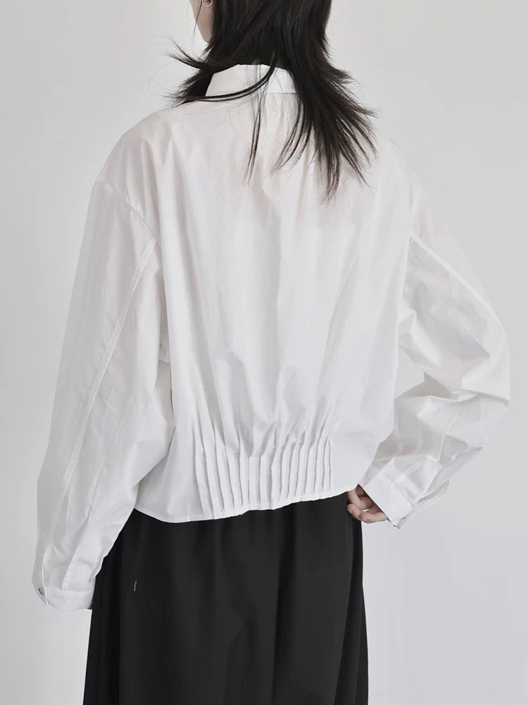 Women White Pleated Elegant Button Big Size Blouse New Lapel Long Sleeve Shirt Fashion Tide Spring Autumn 2025 1DJ0836