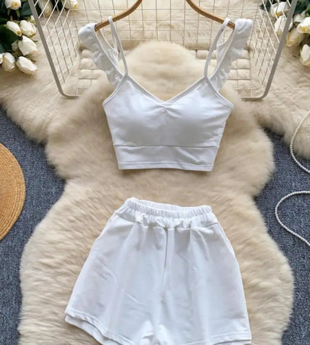 Women Summer Solid Sexy Sleeveless Ruffles Pleated Short Slip Tops And High Waisted Versatile Wide Leg Shorts Two Piece Suit New