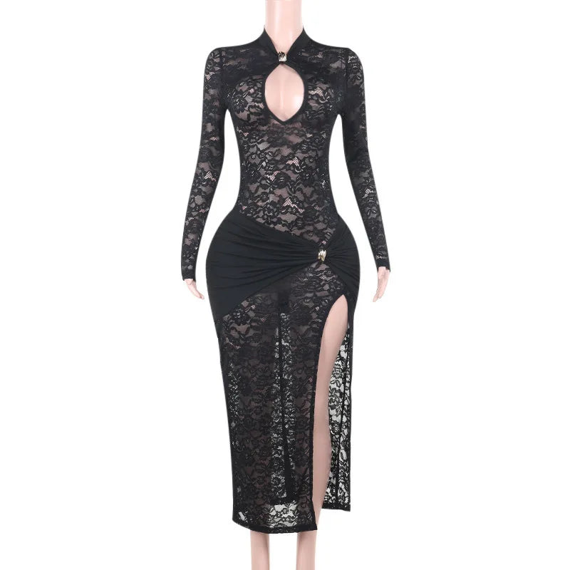 Lace Hollow Out Sexy Maxi Dress For Women Fashion Long Sleeve Thigh High Split Bodycon Club Evening Long Dress Elegant