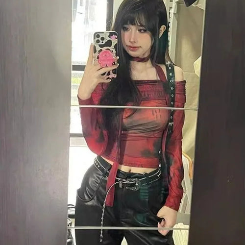 Load image into Gallery viewer, Women Gauze Y2k Aesthetic Crop Top Harajuku Slim Fit Vintage Sexy Print T-shirt Summer Streetwear Slash Neck Grunge Fairy Tees
