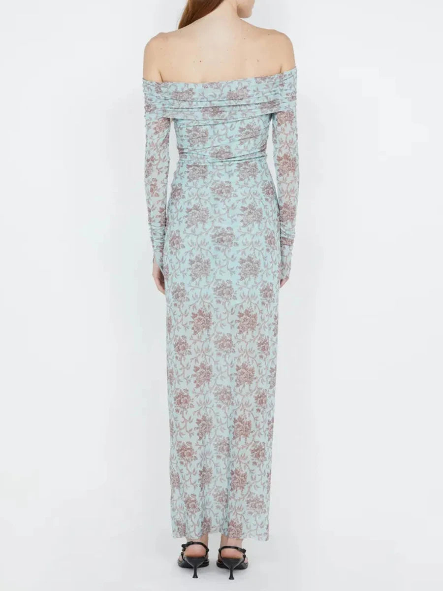 Hit Color Printing Slimming Dresses For Women Slash Neck Long Sleeve High Waist Temperament Dress Female Fashion