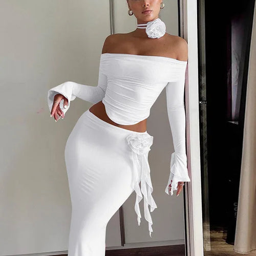 Load image into Gallery viewer, Winter New Sexy Long Sleeved Half Skirt Set For Woman 3D Flower Slim Tight Long Skirt Party Evening Dress Two Piece Set
