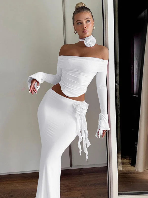 Winter New Sexy Long Sleeved Half Skirt Set For Woman 3D Flower Slim Tight Long Skirt Party Evening Dress Two Piece Set