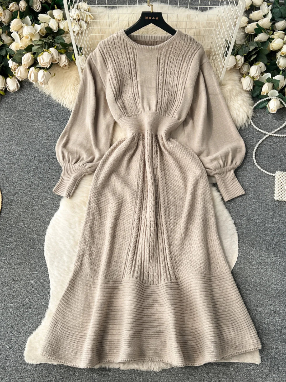 French Vintage Autumn Winter Black Beige Elegant Long Sleeve Vacation Knit Dress Women Khaki Round Neck High Waist Office Dress