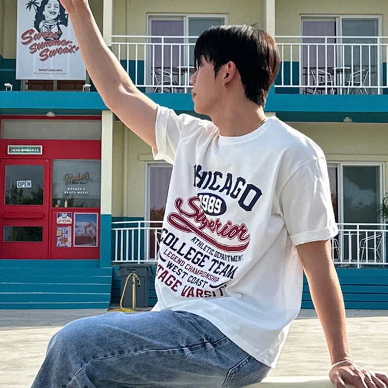 Korean New Summer Men's T-shirts Letter Printed Short Sleeved T-shirt Loose Round Collar Korean Stylish Male Top 9W1631