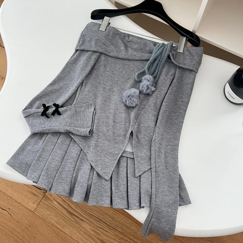 Load image into Gallery viewer, Women Gray Off Shoulder Long Sleeve Split Knit Sweater Tops And High Waist Pleated Short Skirt 2024 Autumn Winter Two Piece Set
