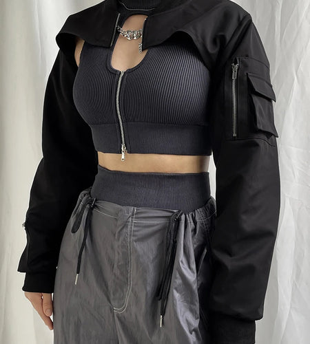 Streetwear Cargo Style Black Spring Autumn Jacket Women Smock Zip Up Coat Super Short Pockets Hip Hop Outwear Jackets