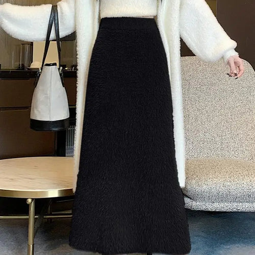 Load image into Gallery viewer, Autumn Winter 2024 New Black White Elegant Mink Long Skirt French Women Brown Elastic High Waist Vacation Party Knit Skirt Trend
