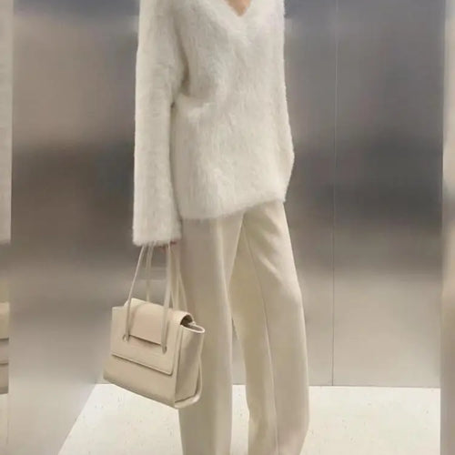Load image into Gallery viewer, French 2024 Autumn Winter White Loose Vacation Mink Sweater Women V-neck Knitwear Office Lady Pullover Long Sleeve Tops Clothes
